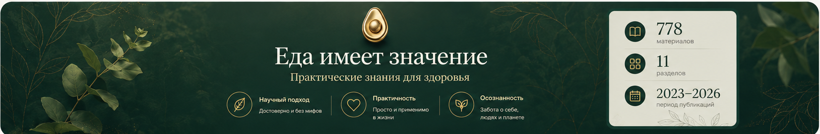 Еда имеет значение — практические знания для здоровья. 778 материалов, 11 разделов, 2023–2026.